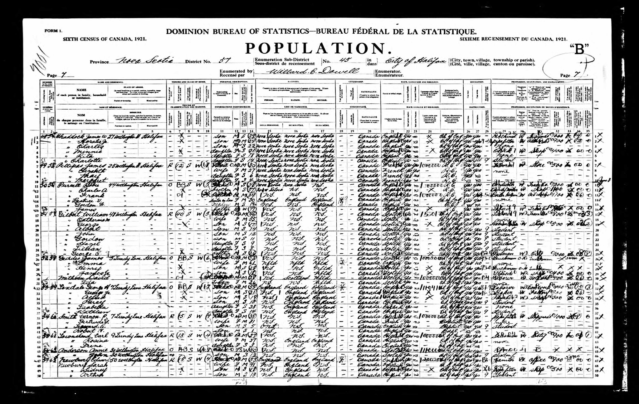 1921 census page containing 25 Wellington Street Halifax