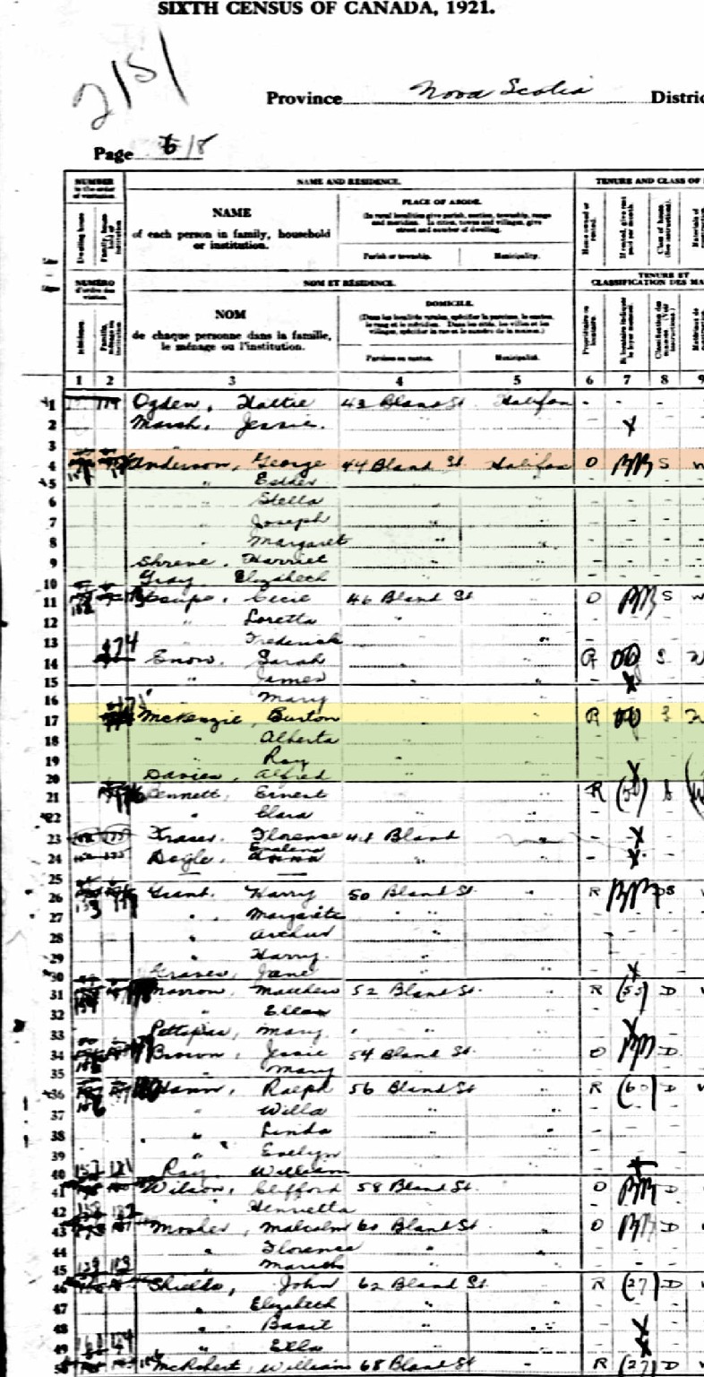 1921 Halifax census page with Burton McKenzie household highlighted
