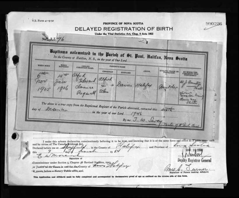 Nova Scotia delayed birth registration containing the St. Paul's baptismal extract for Alfred Edward Clarence Reginald Davies