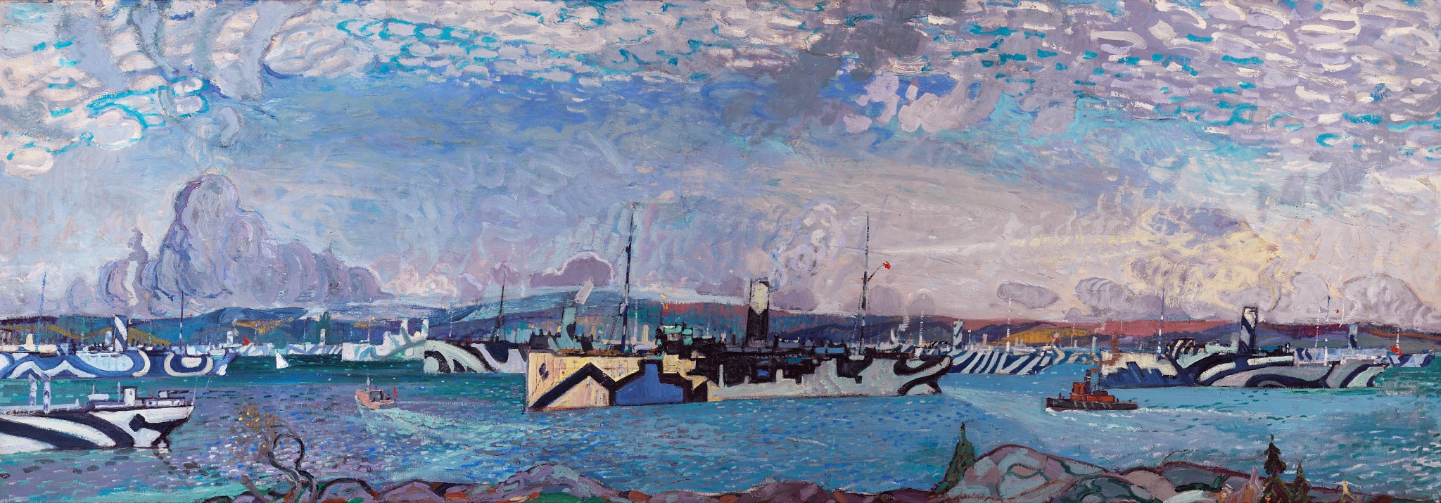 Arthur Lismer depiction of convoy ships assembled in Bedford Basin