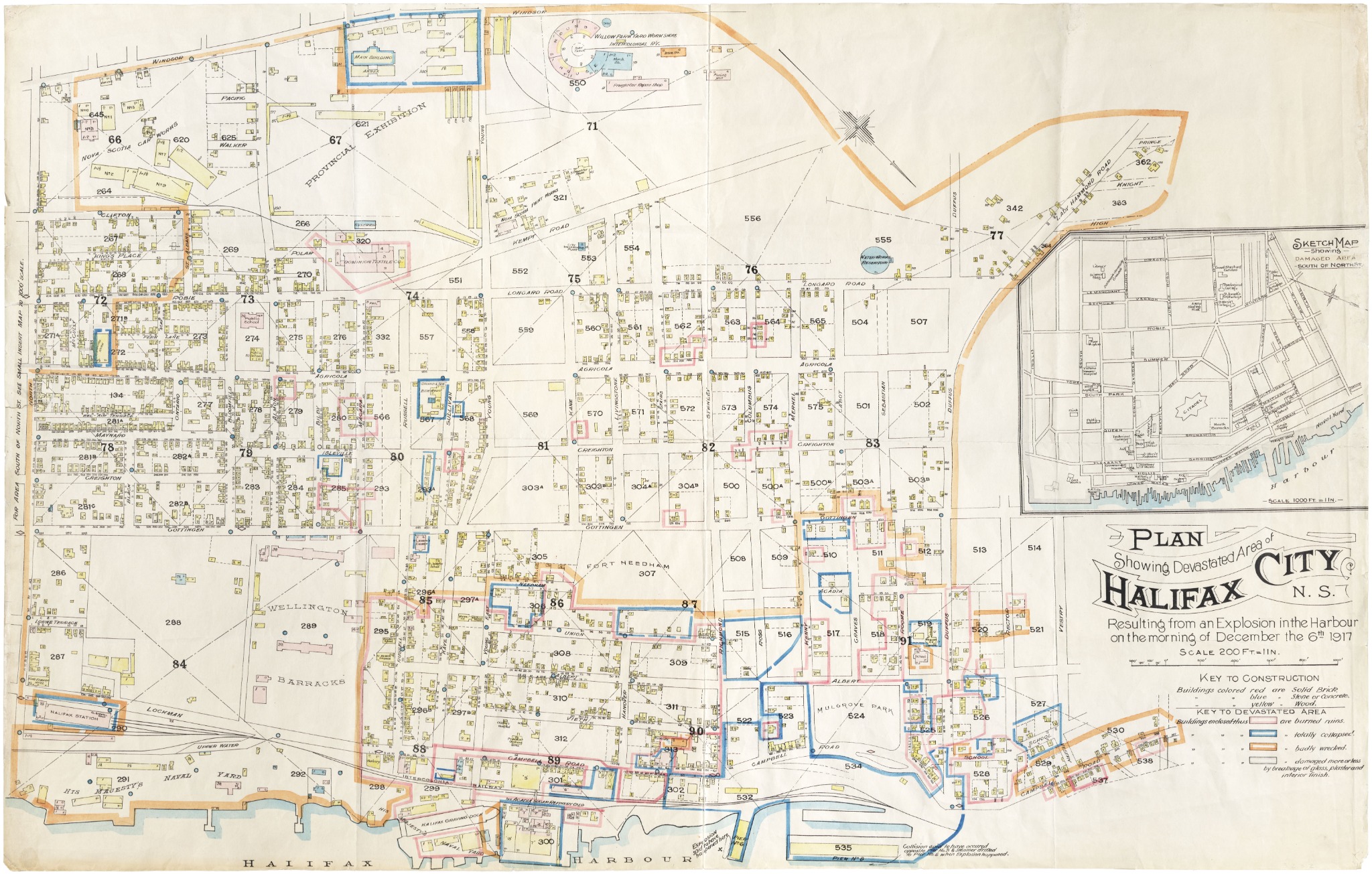 1918 plan showing the devastated area of Halifax after the Halifax Explosion