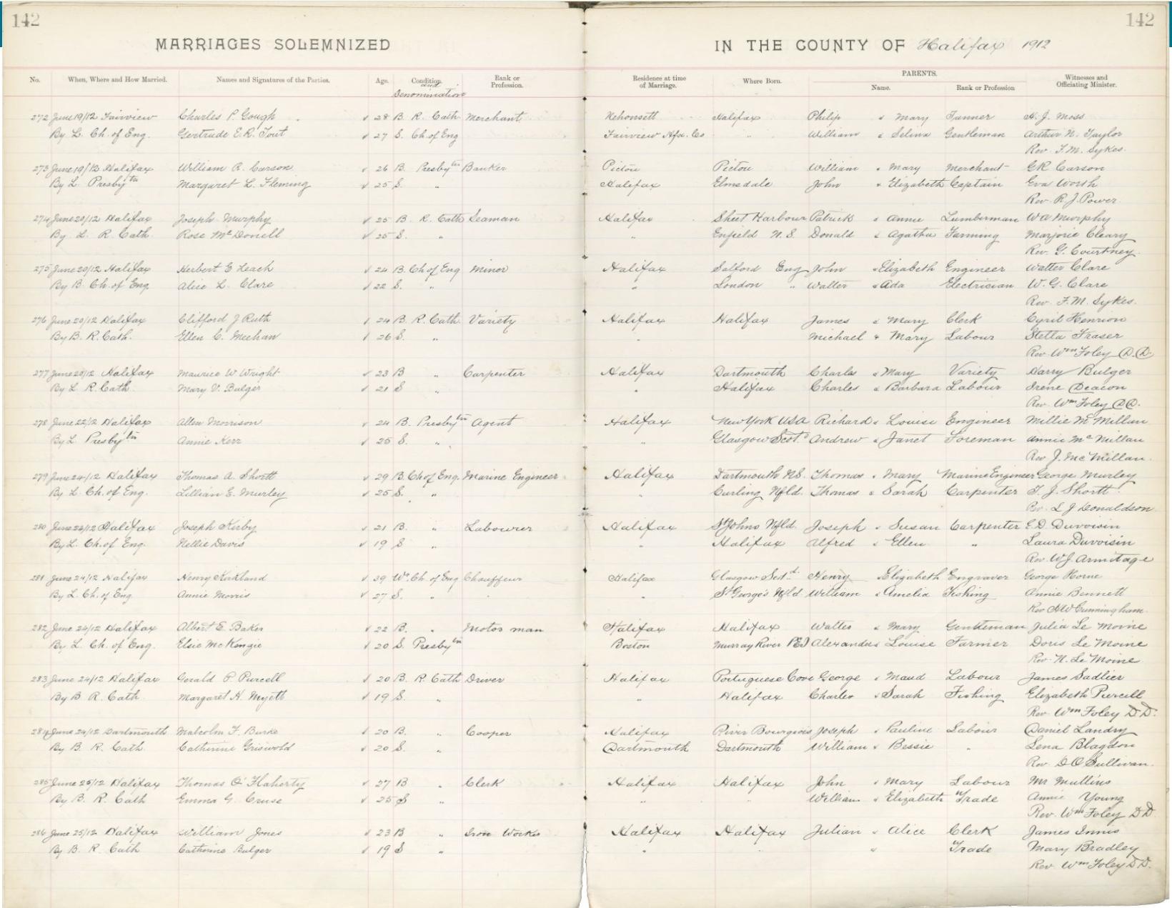 1912 Halifax marriage register showing Joseph Kirby and Nellie Davies, daughter of Alfred and Ellen Davies