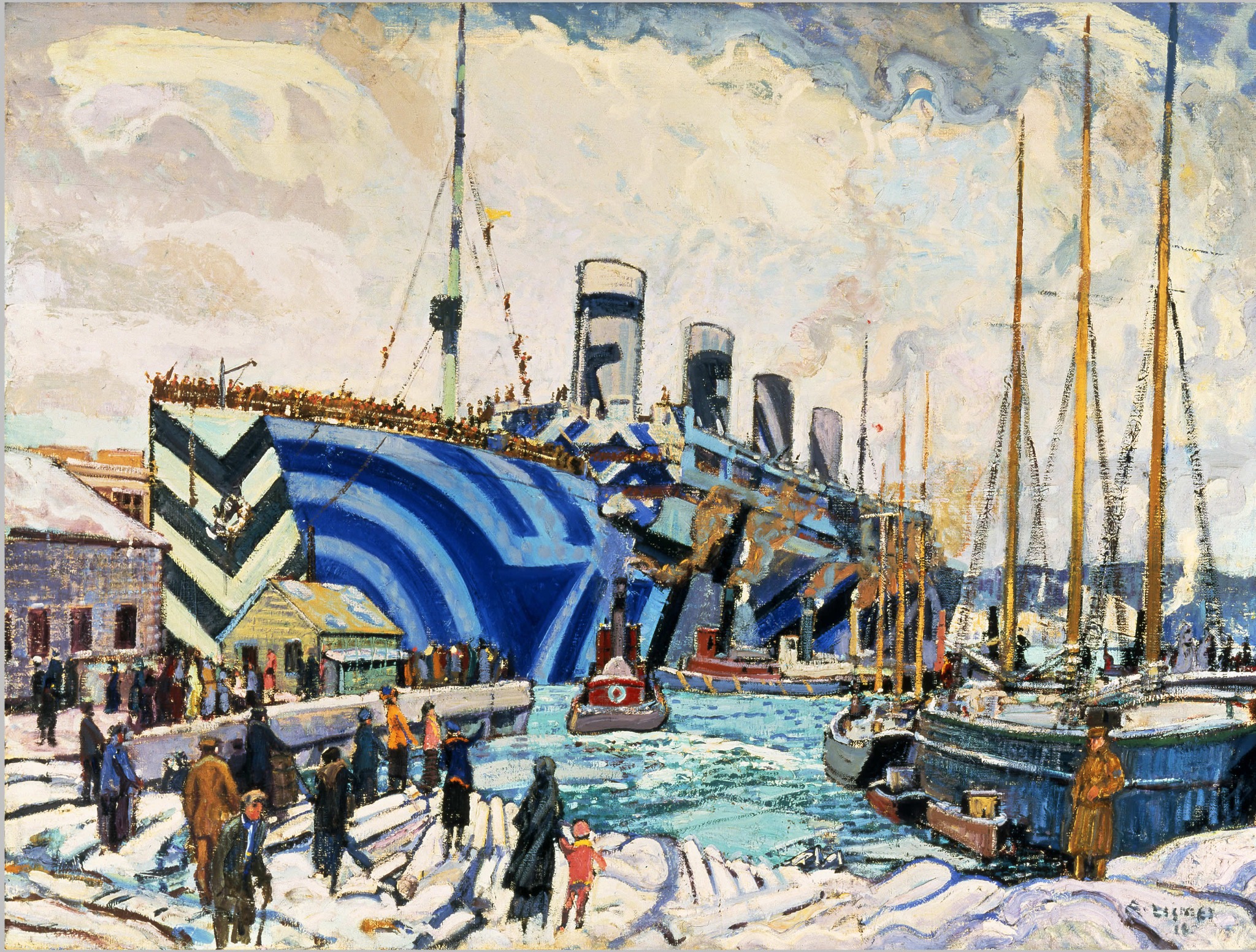 Arthur Lismer painting Olympic with Returned Soldiers showing the dazzle-painted troopship at Halifax