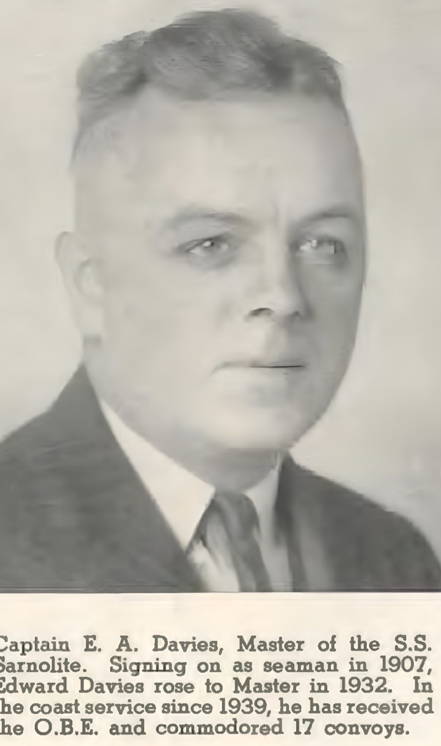 Captain Edward Davies portrait and caption from the Winter 1945 Imperial Oil Review