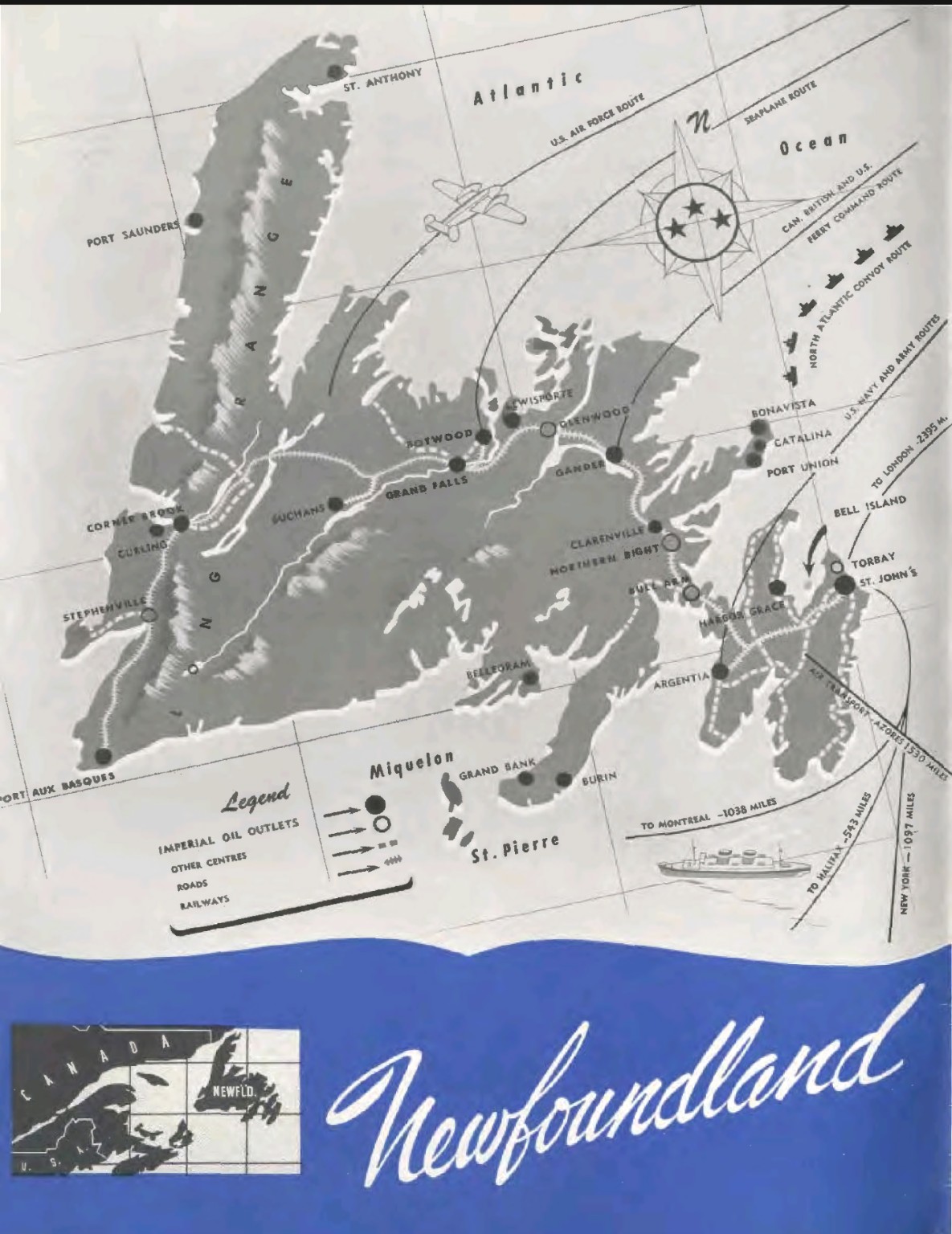 Inside-cover map of Newfoundland and wartime Atlantic routes from the Winter 1945 Imperial Oil Review