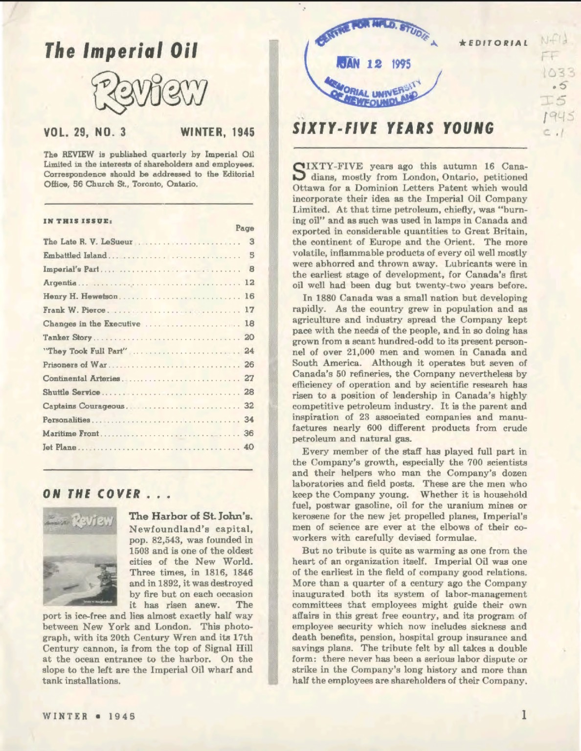 Publication details page of the Winter 1945 Imperial Oil Review with Memorial University archival stamp