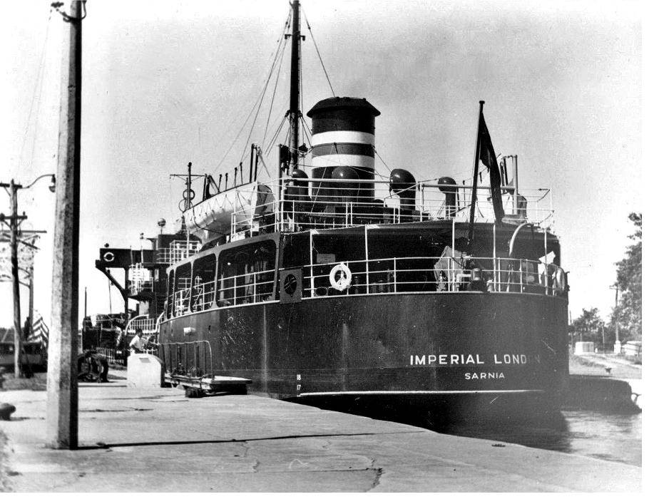 The stern of a tanker lettered Imperial London, Sarnia.