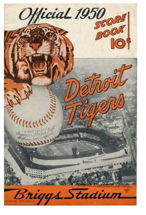 A 1950 Detroit Tigers score book cover: a snarling orange tiger, a baseball, and an aerial view of Briggs Stadium.
