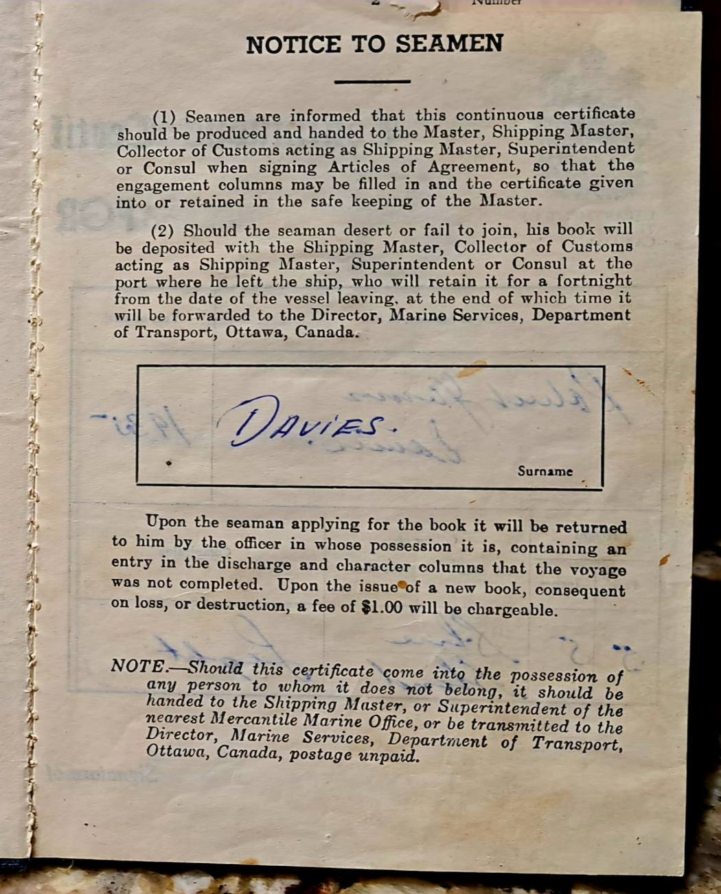 The facing page of the discharge book: five ruled rows of character reports, ratings and signatures.