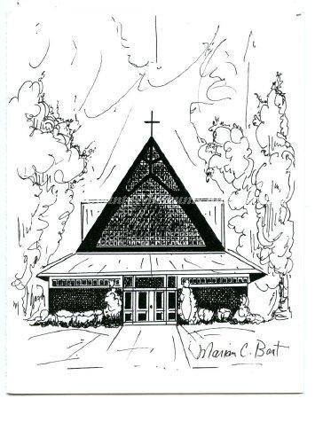 A pen-and-ink drawing of a steep A-frame church with a large triangular window.