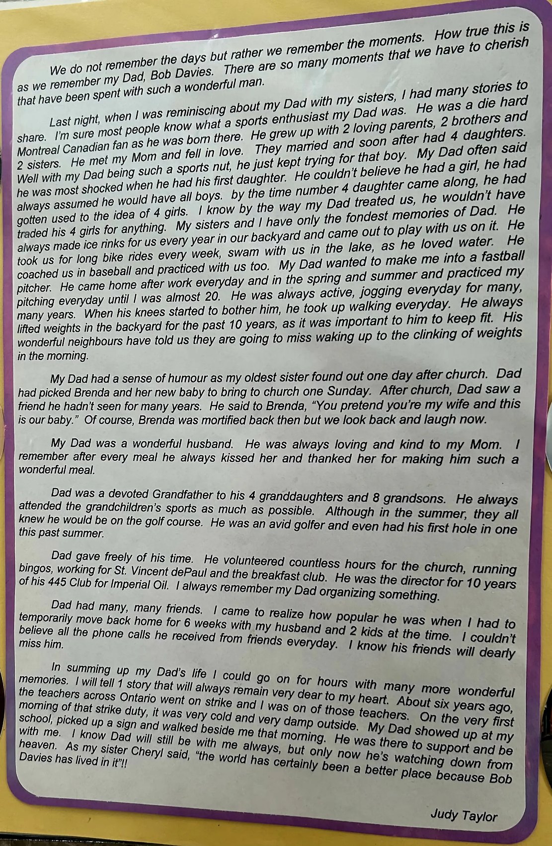 Judy Taylor’s eulogy for her father