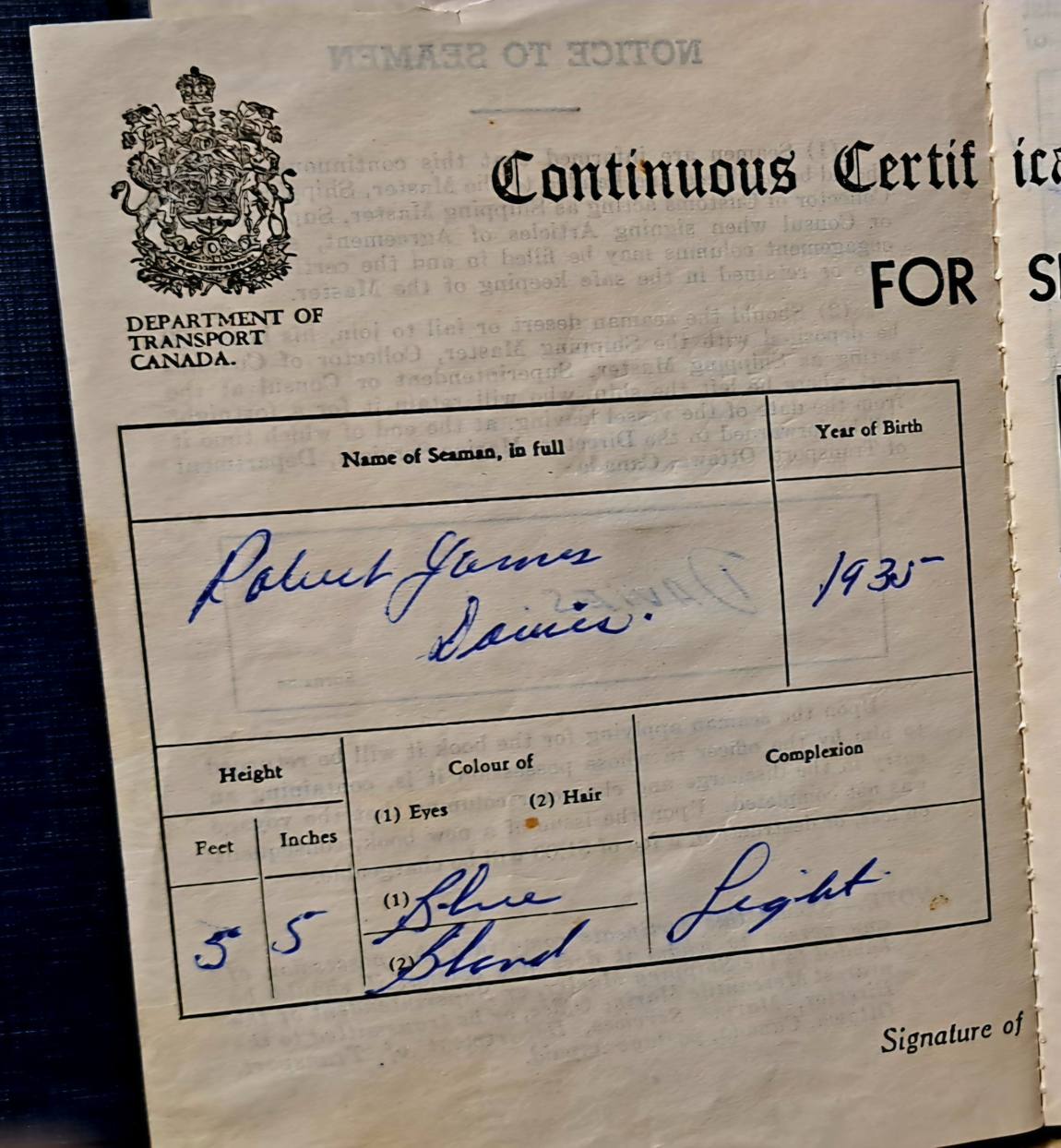 A form headed Continuous Certificate for Seamen, Department of Transport Canada, filled in by hand.