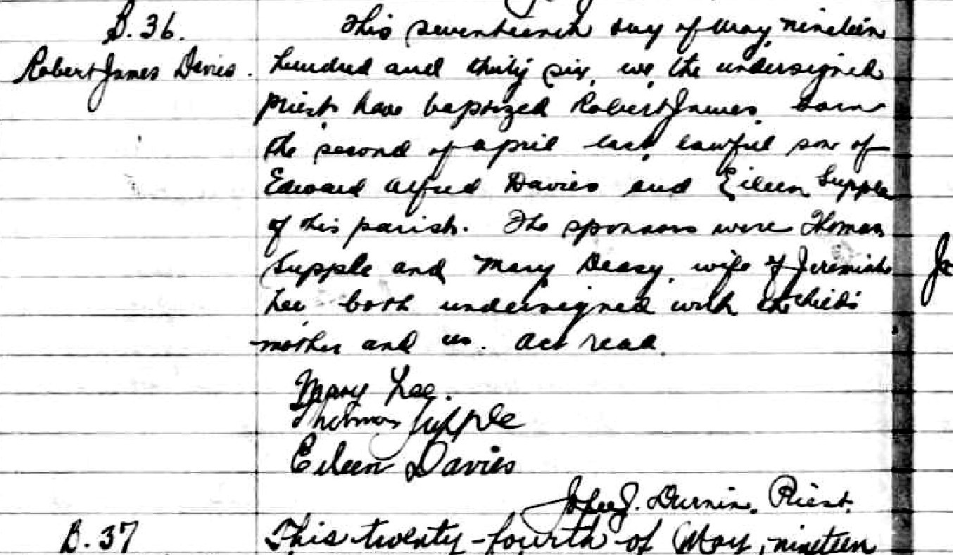 1936 baptism entry for Robert James Davies