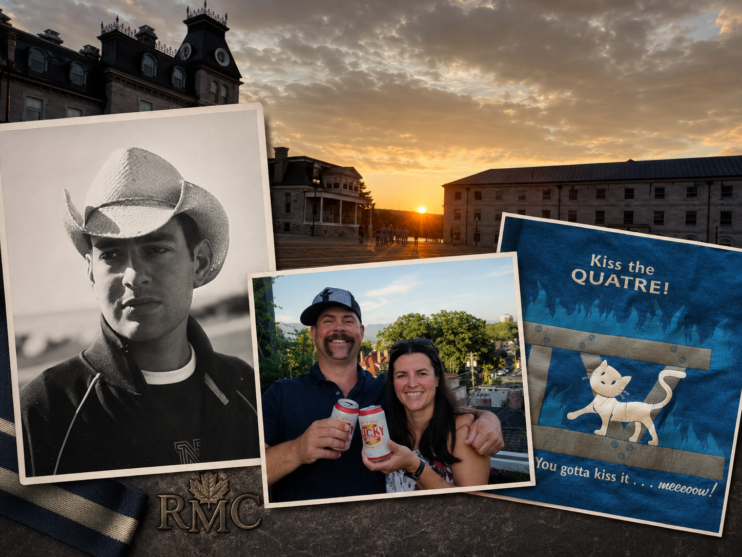 Royal Military College at sunset with photographs of Gion Marles, Brian and Rebecca McCullough, and the 4 Squadron cat emblem